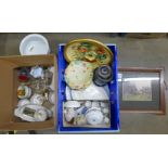 Two boxes of china including a wall plaque, a salad drainer and a modern blue and white biscuit