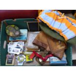 An Anglo-Indian cigarette box, three tins, two AA badges, two thermometers, Casio calculator,