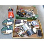 A desk stamp, Cloisonne dishes, hip flasks, mincer, clown car, windscreen a/f and other items