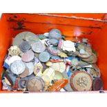 Approximately 200 medallions, coins, badges, etc., and a cash box