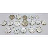 Seventeen pocket watch movements, three with silver dials