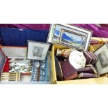 Two boxes of assorted items, pictures, pewter, Dickens books, flatware, china