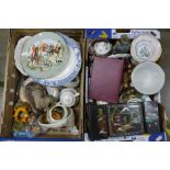 Two boxes of mixed china, two sets of collectors plates, two models of owls, jardiniere, hen egg