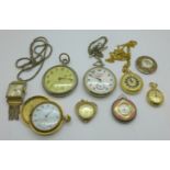 Three pocket watches, including one USSR with locomotive on the case back and six pendant/fob