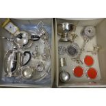 Two boxes of plated and metalwares including a chrome tea service and tray