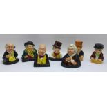 Five Royal Doulton Charles Dickens character half figures and an Artone Bill Sykes and Pickwick salt