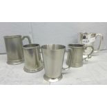 A Walker & Hall plated mug, one Old Hall mug and three pewter mugs, (5)