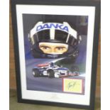 An A2 size framed poster of Damon Hill driving for Arrows, with mounted signature