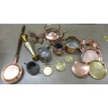 A copper kettle, brass vase and other brass, copper and pewter