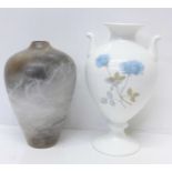 A studio designer pottery vase with initials LR, 17cm and a Wedgwood Ice Rose vase