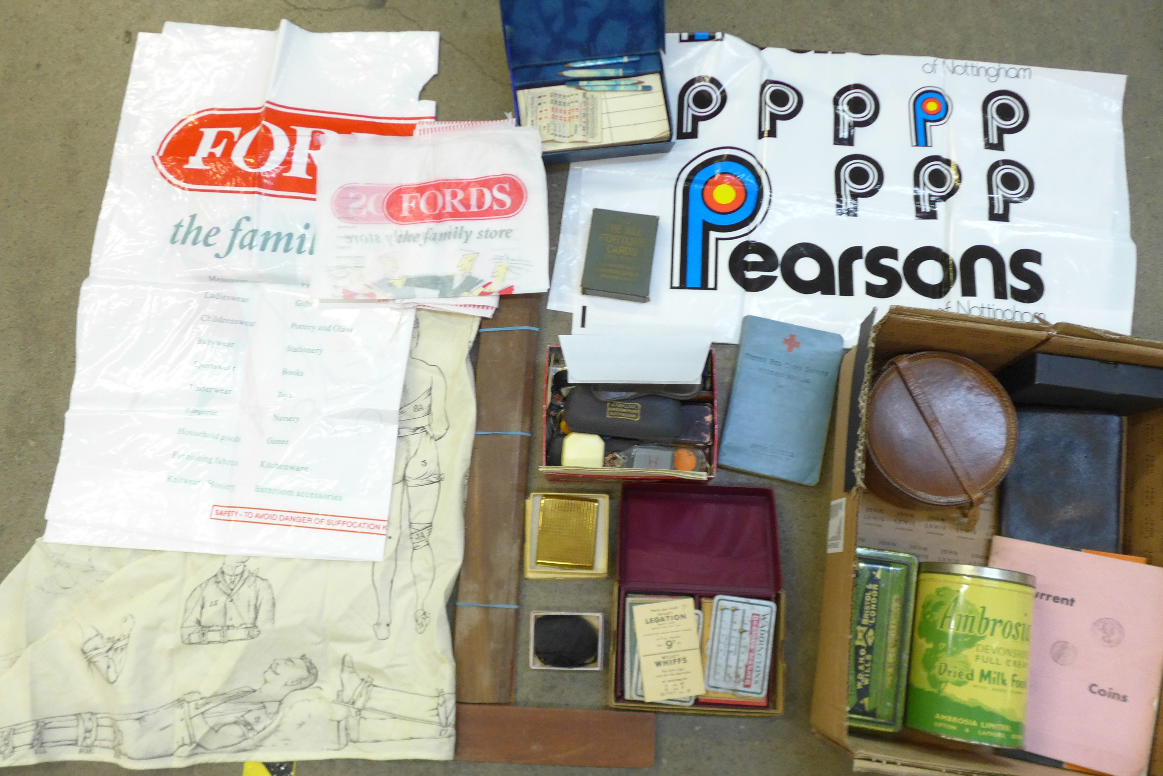 A box of assorted items, a collar box, a 1950's motor fuel ration book, a pair of scissors, a