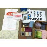 A box of assorted items, a collar box, a 1950's motor fuel ration book, a pair of scissors, a