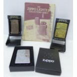 Three Zippo lighters and a price guide