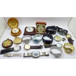 A collection of watches, pocket watches and clocks including Bulova and Oris