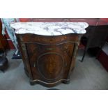 A French Louis XV style inlaid rosewood, gilt metal and marble topped serpentine side cabinet,