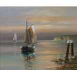 Continental School, coastal landscape with fishing boats at sunset, oil on canvas, 49 x 59cms,