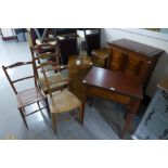 Two walnut bedside tables, three chairs, a mahogany side table and a hardwood stereo unit