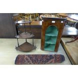 A terracotta rug, burr walnut corner shelf and a mahogany whatnot