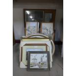 Three Chinese watercolours on silk and various other paintings and prints