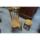 A child's elm and beech chair and a mahogany stool