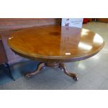 A Victorian mahogany circular tilt-top breakfast table, 74cms h, 122cms dia.