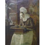 A 19th Century genre scene, a woman seated with her needlework, oleograph on canvas, 39 x 29cms