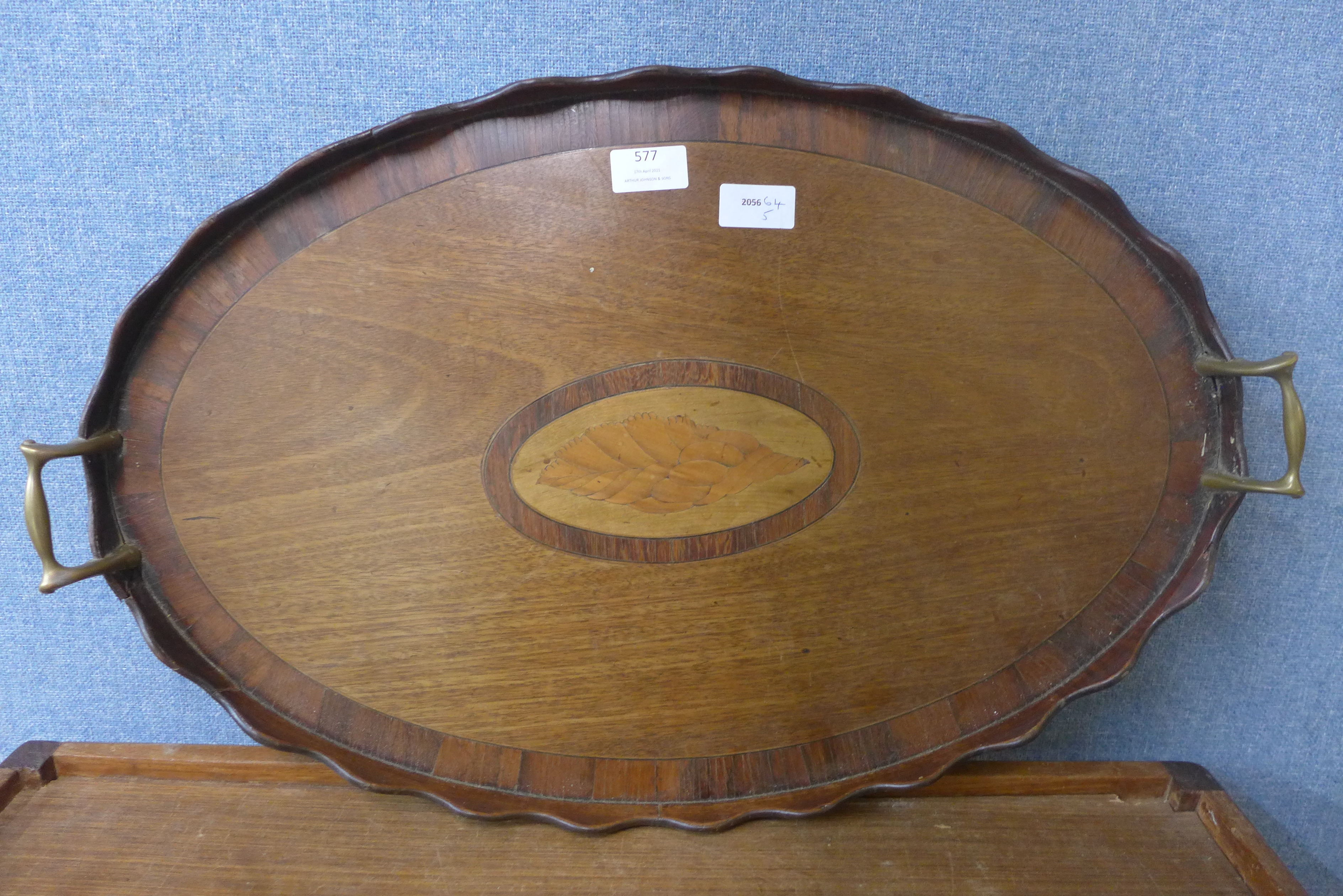 An Edward VII inlaid mahogany and brass tray