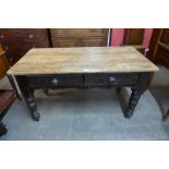 A Victorian pine scrub top two drawer farmhouse kitchen table, 73cms h, 133cms L, 66cms w.