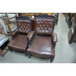 A pair of Victorian carved mahogany and leather upholstered lady's and gentleman's armchairs
