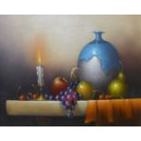 * Wallace, still life of fruit, vase and a lit candle, oil on canvas, 39 x 49cms, framed