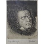 A framed etching of Beethoven, 17 x 13cms