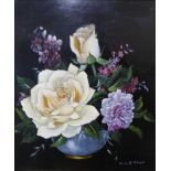 John T. Sayer, pair of still lifes of flowers, oil on board, each 32 x 27cms, framed