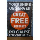 An enamelled Yorkshire Observer advertising sign, 92cm x 60cm