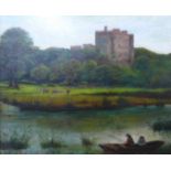 English School (19th Century), landscape with figures fishing on a river with a castle in the