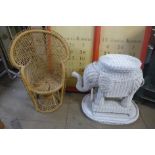 A small cane child's chair and a painted wicker elephant stool