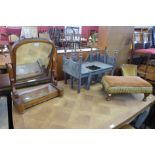 An Eastern gilt stand, stool and a Victorian mahogany toilet mirror