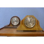 Four mantel clocks including Smiths, one with presentation plaque