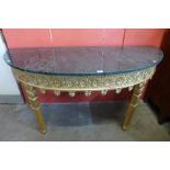 A French style giltwood and marble topped demi-lune console table, 86cms h, 164cms w, 86cms h