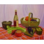J. Greaves, still life of vegetables and wine on a table, oil on board, unframed