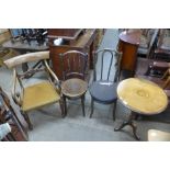 Two bentwood chairs, William IV walnut armchair and a Victorian inlaid mahogany tripod table