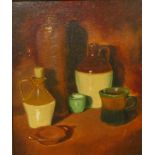 Dmitry Czak (1864-1932), still life of stoneware flagons, oil on board, 35 x 30cms, framed