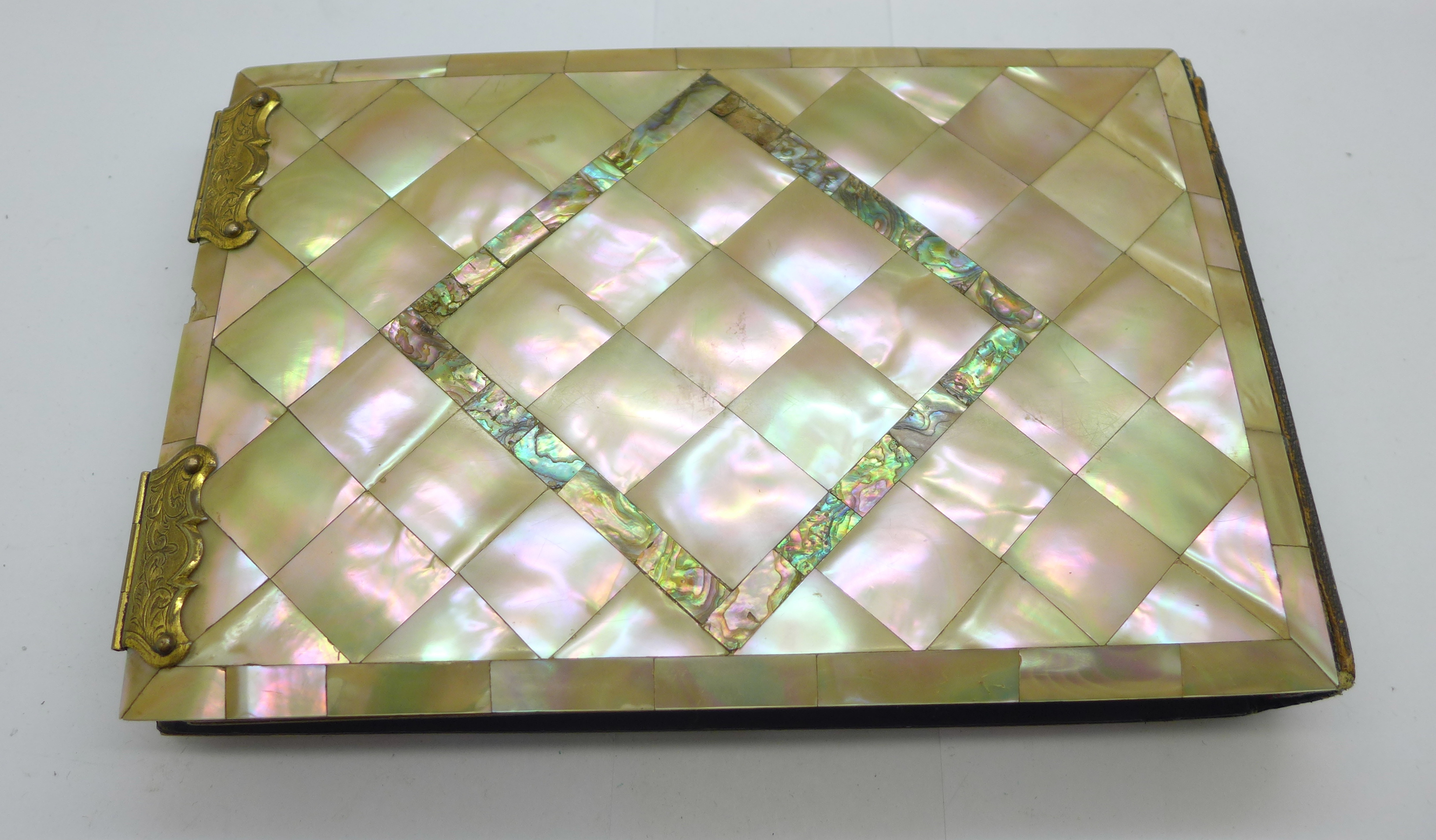 A late Victorian photograph album with mother of pearl and abalone cover, 23.5cm x 15cm, (some - Image 2 of 5