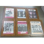 Pop music; six original framed sheet music including The Beatles, The Who, The Kinks, etc.