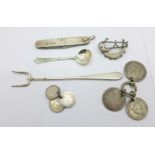 A silver handled penknife, a silver pickle fork, a Victorian silver salt spoon, a Victorian silver