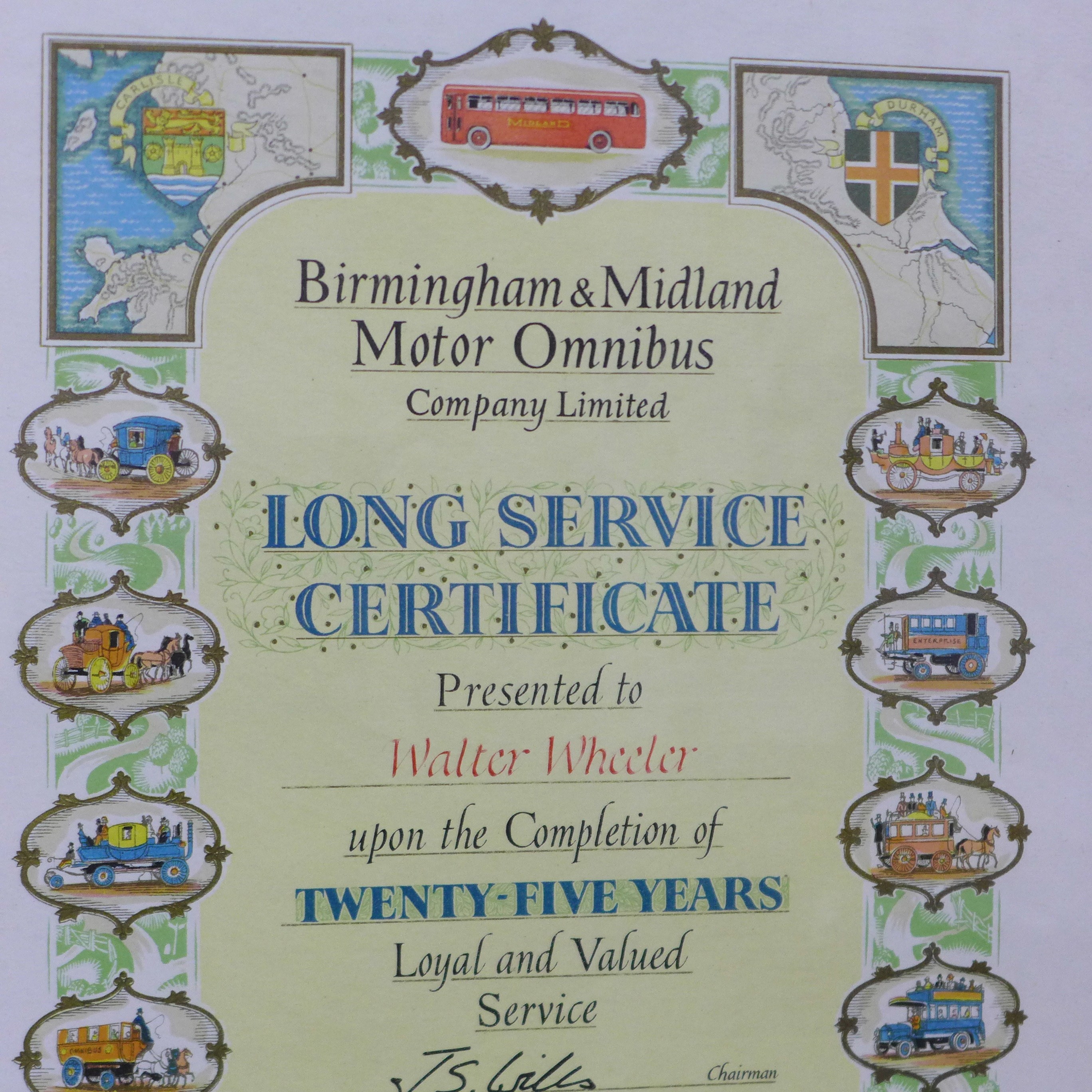 Bus memorabilia; a framed Long Service certificate and two Safe Driving medallions and badge - Image 2 of 3