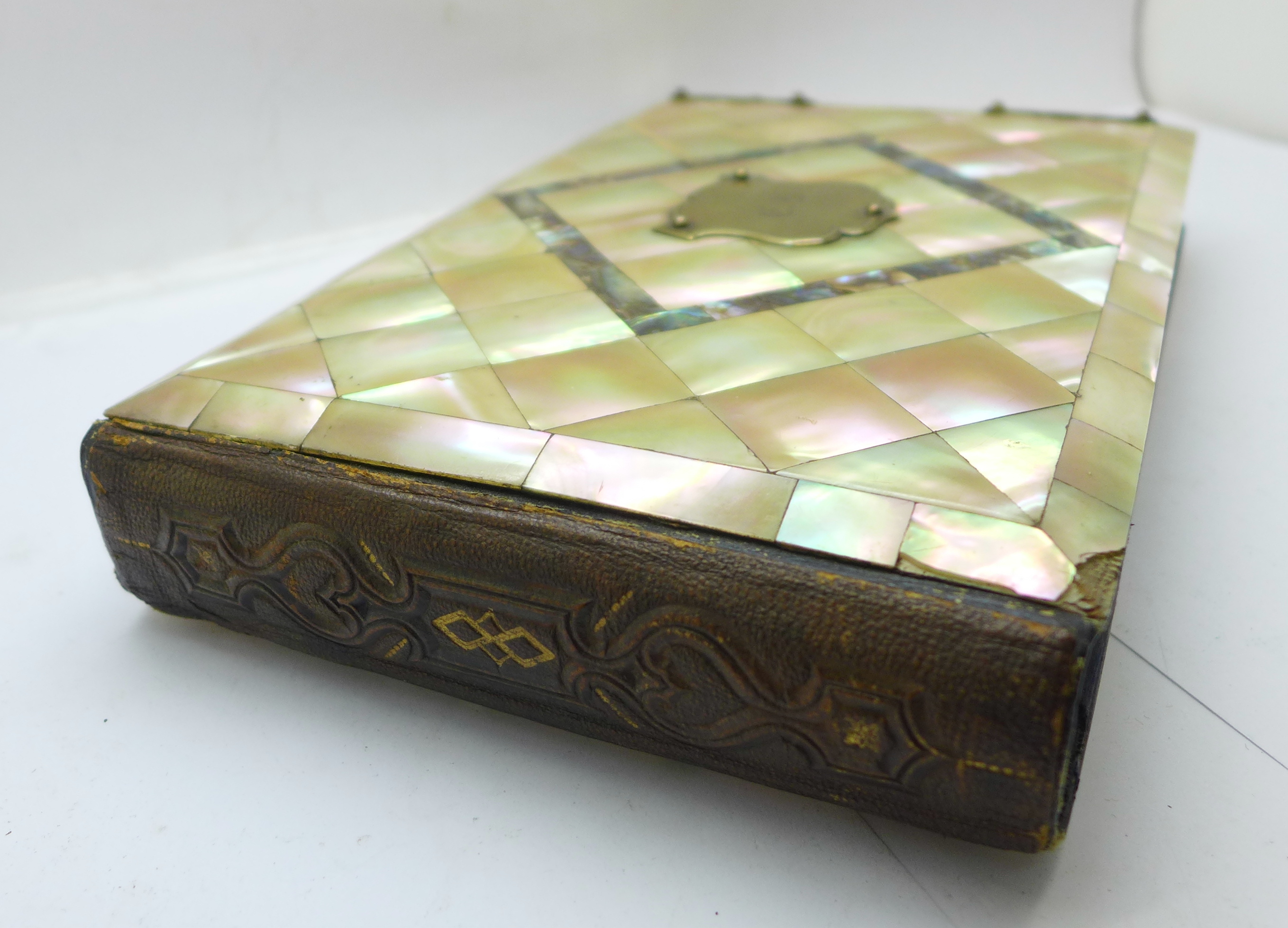 A late Victorian photograph album with mother of pearl and abalone cover, 23.5cm x 15cm, (some - Image 4 of 5