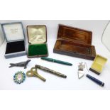 Two ink pens with 14ct gold nibs, a silver mounted pendant, a brooch, boxes, etc.
