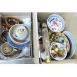 A pair of brass candlesticks, French ceramics, studio pottery bowls, etc. **PLEASE NOTE THIS LOT