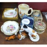 A Royal Doulton Jack Russell terrier licking a plate, a kitten, Wade tortoise, china fox, Wedgwood