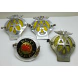 Three AA car badges and a Wales car badge